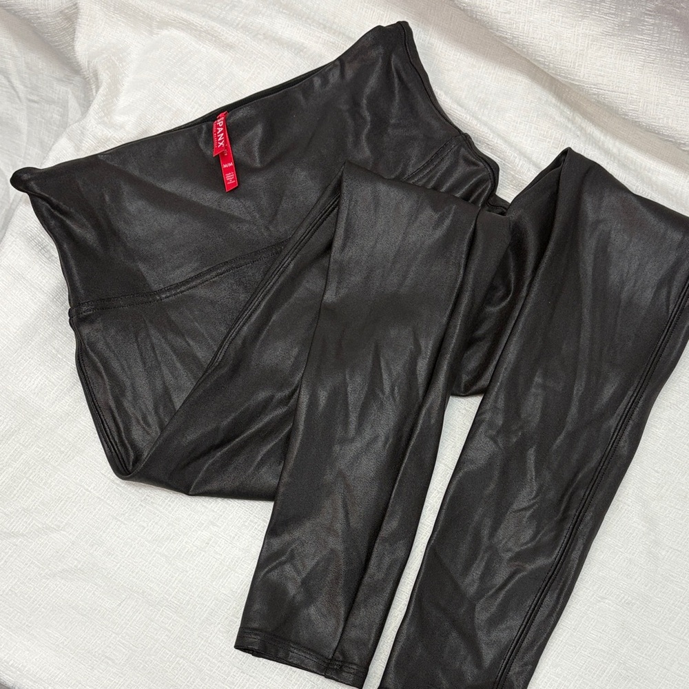 Spanx Black Faux Leather Leggings, size medium